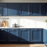 Granatowa kuchnia IKEA Bodbyn z charakterystycznymi frezowanymi frontami