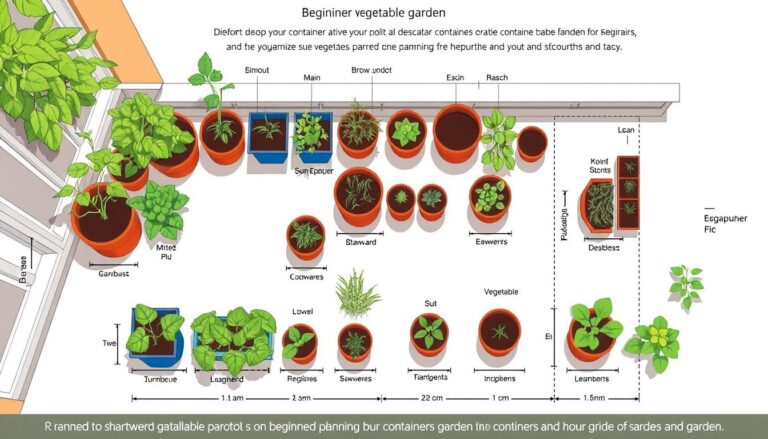 Projekt ogródka warzywnego w donicach z rozmieszczeniem różnych pojemników