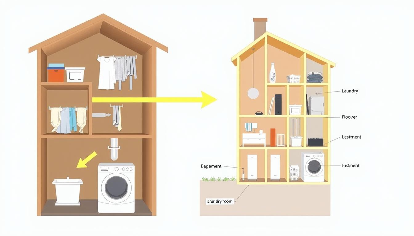 Schemat działania zsypu na pranie w domu wielopoziomowym