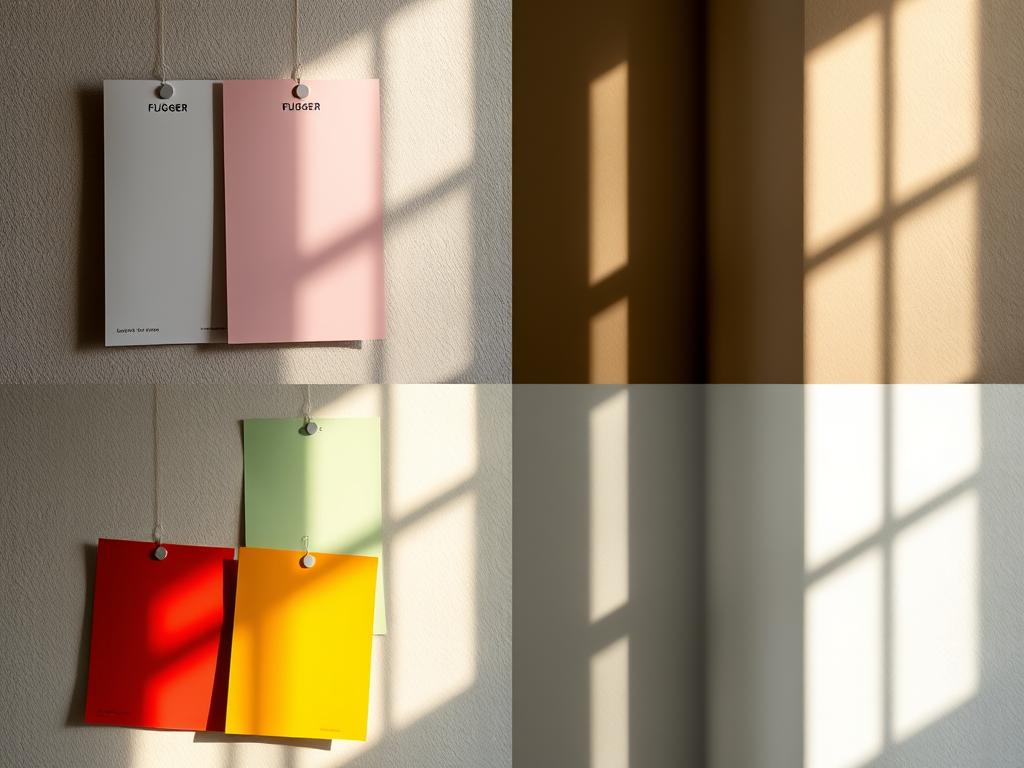 Próbniki kolorów Flugger przyłożone do ściany w różnym oświetleniu Próbniki kolorów Flugger przyłożone do ściany w różnym oświetleniu