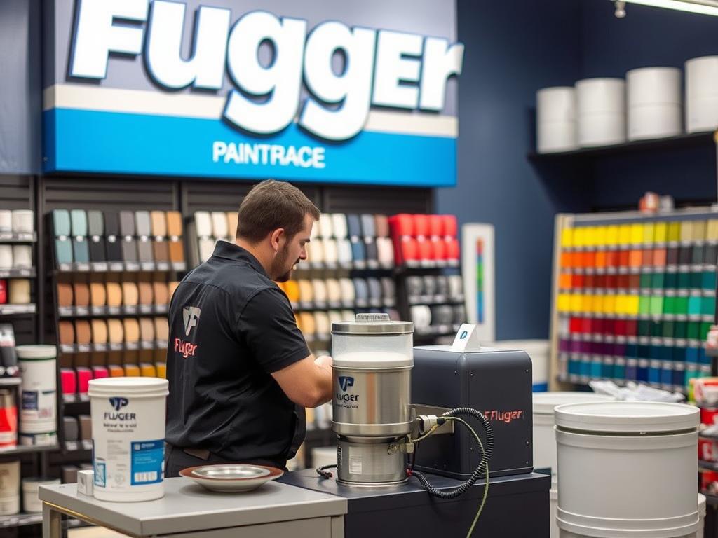 Proces mieszania farby Flugger w sklepie firmowym Proces mieszania farby Flugger w sklepie firmowym