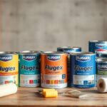 Różne rodzaje farb Flugger ułożone na drewnianym stole