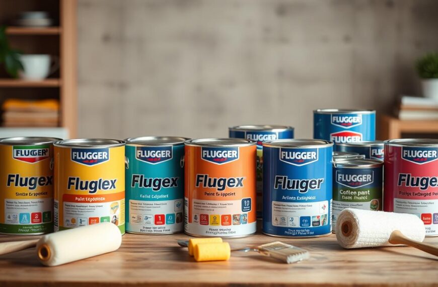 Różne rodzaje farb Flugger ułożone na drewnianym stole