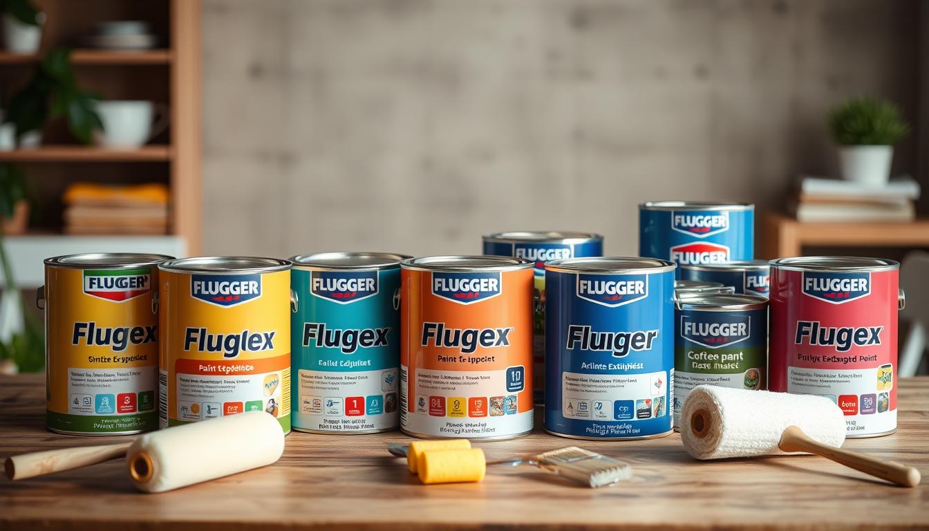 Różne rodzaje farb Flugger ułożone na drewnianym stole