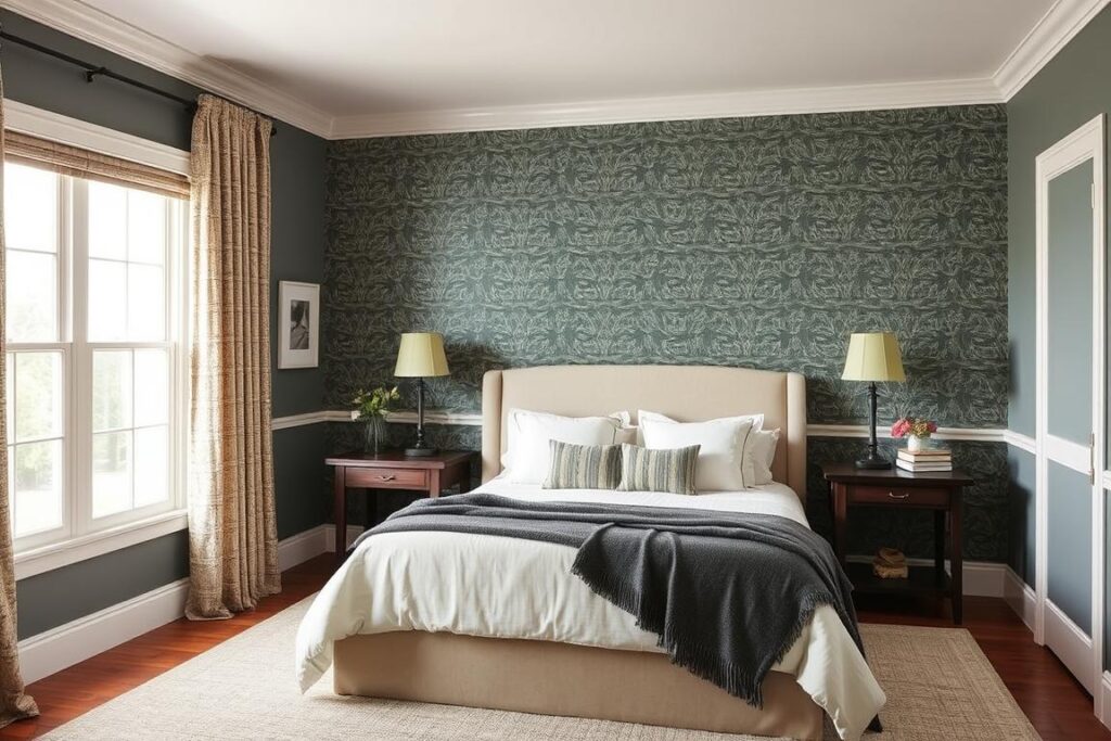 Sypialnia z połączeniem farby Flugger i tapety na jednej ścianie Sypialnia z połączeniem farby Flugger i tapety na jednej ścianie