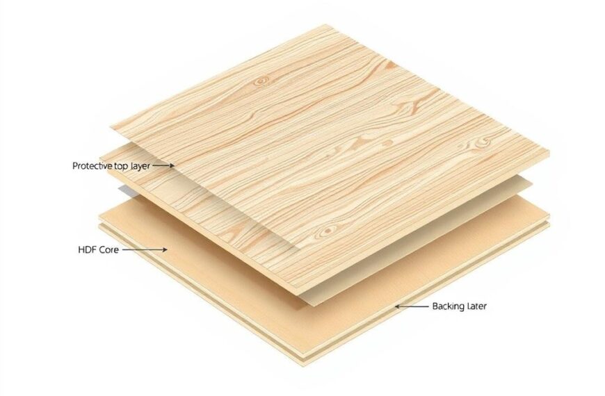 Budowa panela podłogowego z widocznymi warstwami: warstwa ochronna, dekoracyjna, rdzeń i warstwa podkładowa