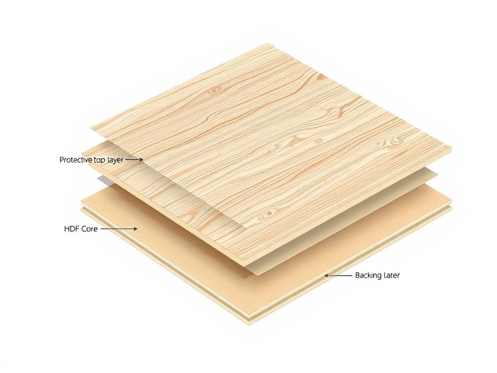 Budowa panela podłogowego z widocznymi warstwami: warstwa ochronna, dekoracyjna, rdzeń i warstwa podkładowa