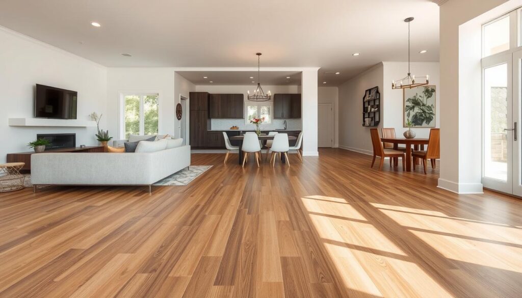 Jednolita podłoga z paneli ułożonych bez progów w całym mieszkaniu