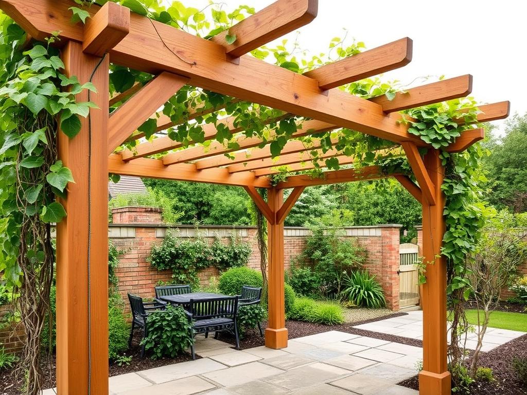 Klasyczna pergola tarasowa drewniana z pnączami