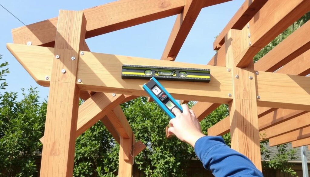 Montaż belek głównych i poprzecznych pergoli tarasowej drewnianej