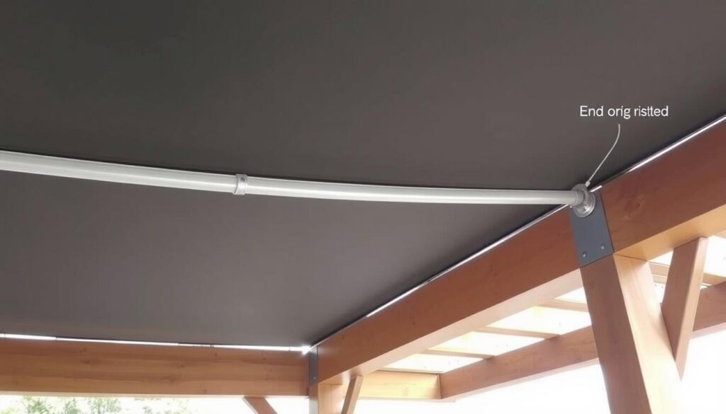 Montaż przesuwnego zadaszenia z tkaniny na pergoli tarasowej drewnianej