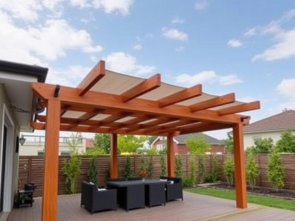 Nowoczesna pergola tarasowa drewniana z zadaszeniem z tkaniny
