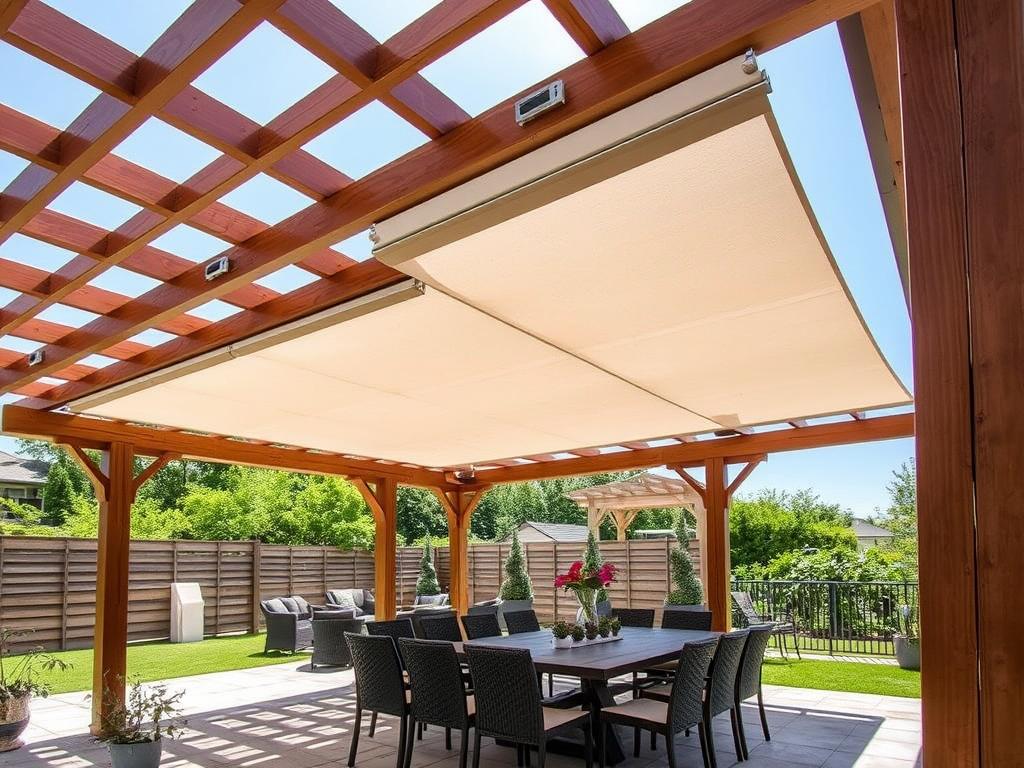 Pergola tarasowa drewniana z przesuwnym zadaszeniem z tkaniny