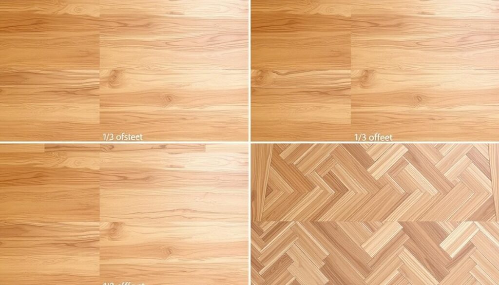 Porównanie różnych wzorów układania paneli podłogowych: 1/2, 1/3, 1/4 i jodełka