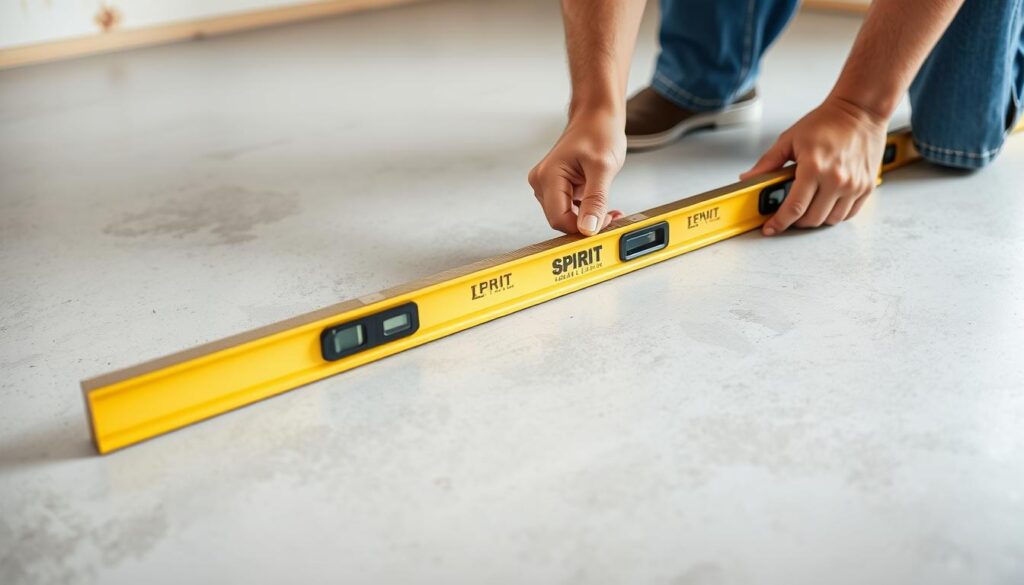 Przygotowanie podłoża pod układanie paneli podłogowych - sprawdzanie równości powierzchni za pomocą łaty