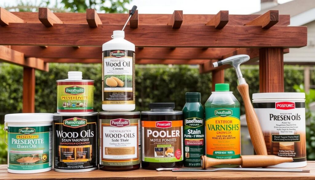 Różne środki do impregnacji i zabezpieczenia drewna pergoli tarasowej