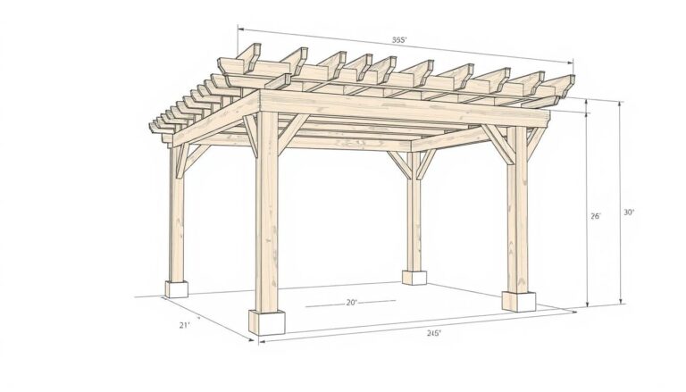 Rysunek techniczny pergoli tarasowej drewnianej z wymiarami i oznaczeniami elementów konstrukcyjnych