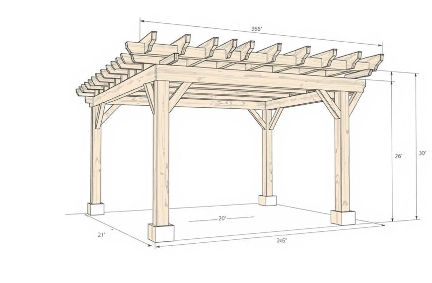 Rysunek techniczny pergoli tarasowej drewnianej z wymiarami i oznaczeniami elementów konstrukcyjnych