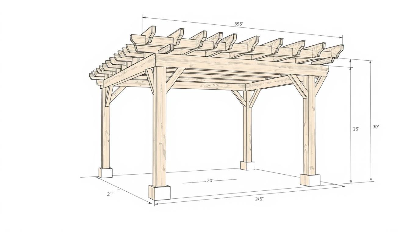 Rysunek techniczny pergoli tarasowej drewnianej z wymiarami i oznaczeniami elementów konstrukcyjnych