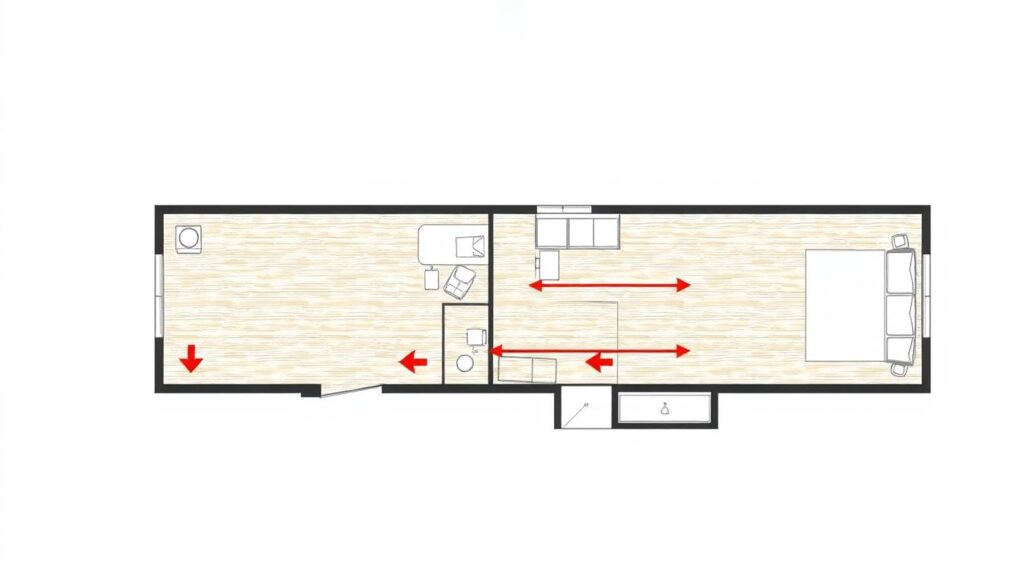 Schemat układania paneli podłogowych w mieszkaniu z zaznaczonym kierunkiem montażu w różnych pomieszczeniach