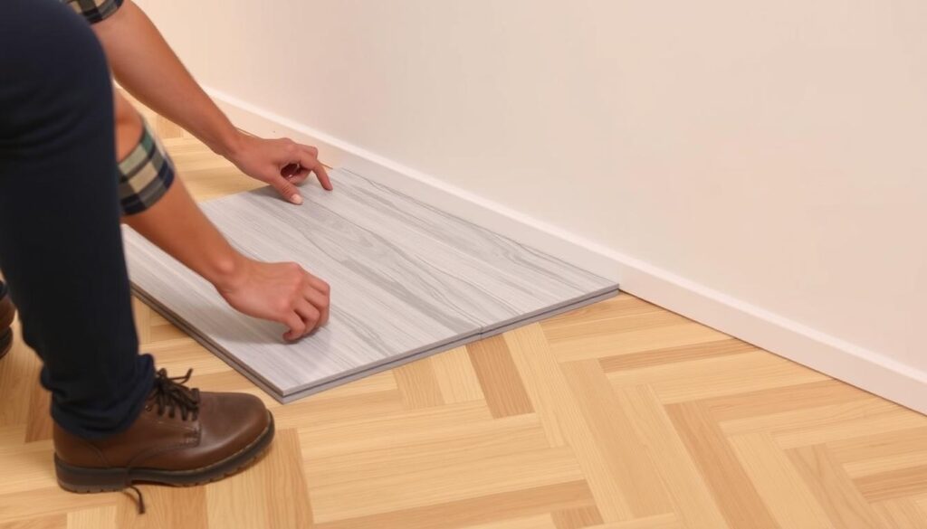 Układanie pierwszego rzędu paneli podłogowych z zachowaniem szczeliny dylatacyjnej