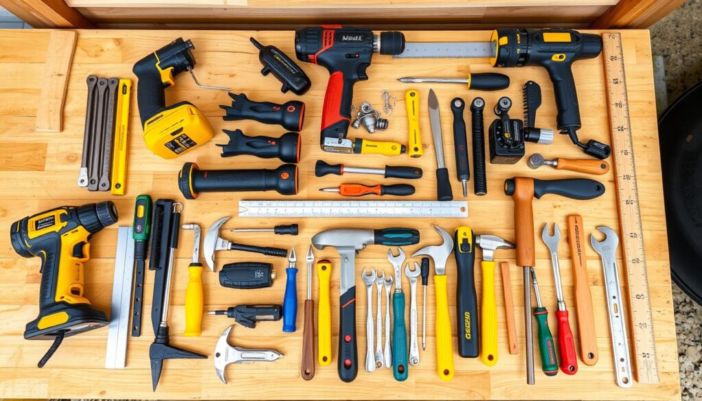 Zestaw narzędzi potrzebnych do budowy pergoli tarasowej drewnianej